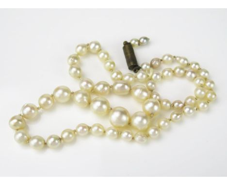 A String of Graduated Misshapen Pearls, largest pearl 8mm approximately, knotted, base metal clasp, c.400mm long broken, (unt