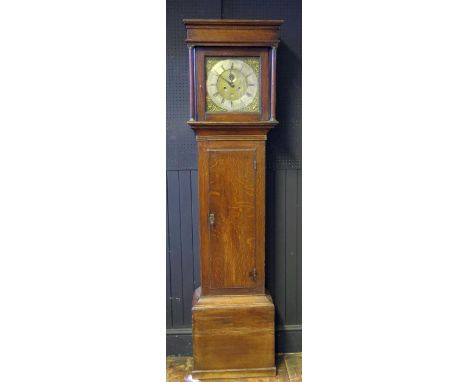 Taylor Oxford, a 19th century oak longcase clock, having a square hood, the trunk with plain panel door on a box base, the 29