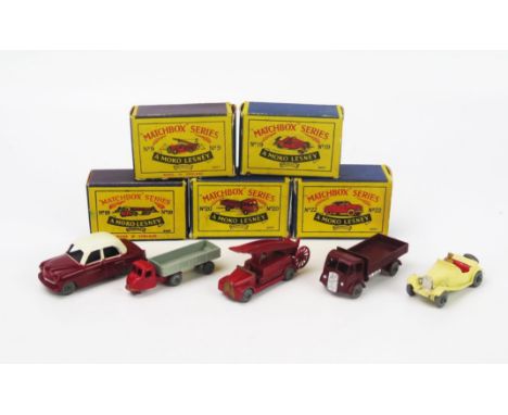 Matchbox Regular Wheels Group - (1) 9a Dennis Fire Escape, (2) 10a Scammell Tractor and Trailer, (3) 19a MG TD in Cream, (4) 