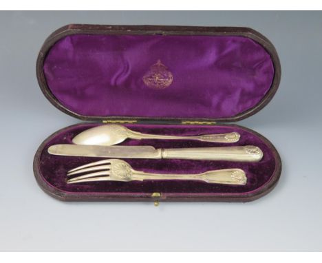 A Victorian silver three-piece Fiddle Shell and Thread pattern christening set, maker Chawner &amp; Co, London 1873, includes