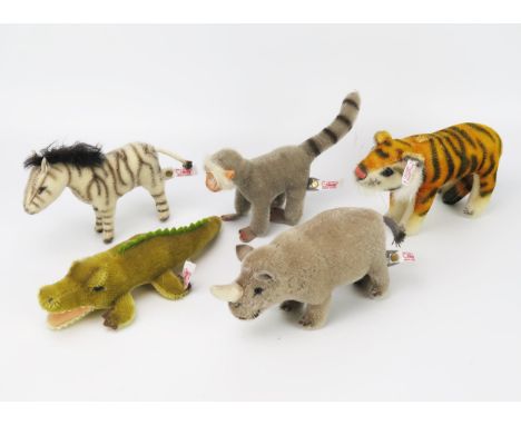 Steiff Zoo Set with Rhinoceros, Tiger, Zebra, Crocodile and Monkey 038693 (00507 of 1000) 
