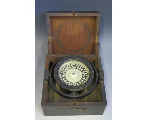 An American compass by Ritchie, Boston, serial No 36715, the 8.5cm compass on gimbal mount contained in a wood case, 16.5cm w
