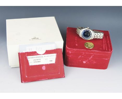 An Omega, Seamaster 120m stainless steel, dual display gents wristwatch, with 33mm black dial with central LCD display, blue 