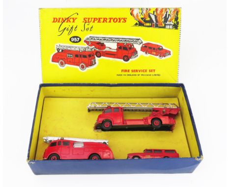 Dinky 957 Fire Service Set with 257 Nash Rambler Canadian Fire Chief, 955 Commer Fire Engine and 956 Bedford Turntable Escape