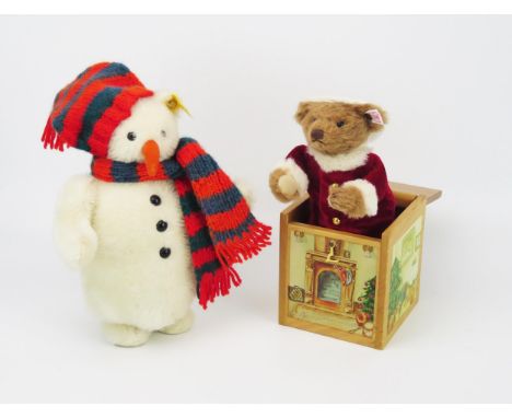 Steiff Christmas Pair (1) Jack-in-the-box Farther Christmas Bear 038419 (00053), (2) Snowman 654800 