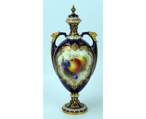 Royal Worcester Fruit Vase and Cover of egg shape with two handles, decorated with apple and grapes, signed R. Sebright, coba