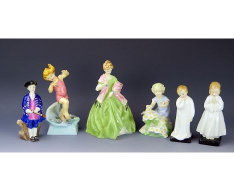Six Royal Worcester  (July 3440, May 3455, First Dance 3629) and Royal Doulton Figurines (Boy from Williamsburg HN2183, Darli