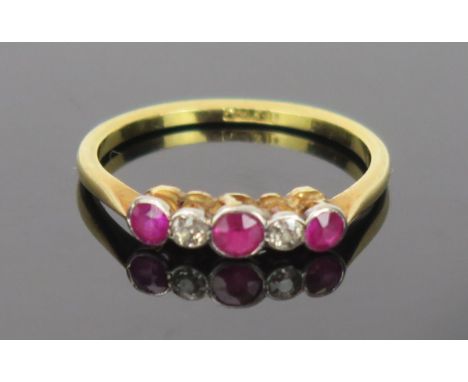 Ruby and Diamond Five Stone Ring in an 18ct stamped gold setting, size M, 1.1g 