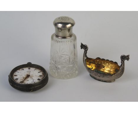 A mixed collection of silverwares, including open faced pocket watch, dessert fork, teaspoon, plate mounted glass bottle 