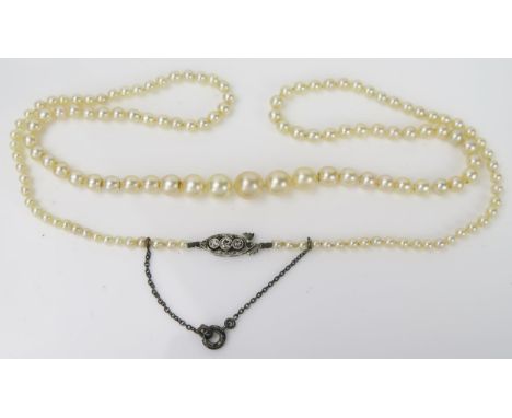 A Graduated Pearl Necklace, central pearl approximately 6.5mm, the clasp with three diamond set in a white metal millegrain s