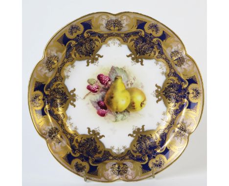Royal Worcester Dessert Dish of lobed circular form, decorative with pears and raspberry, signed Ricketts, puce mark 1906, gi