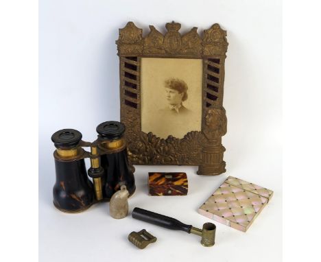 19th Century French L'Ingenieur Chevallier Opera Glasses with tortoise shell and gilt decoration, mother of pearl card case, 