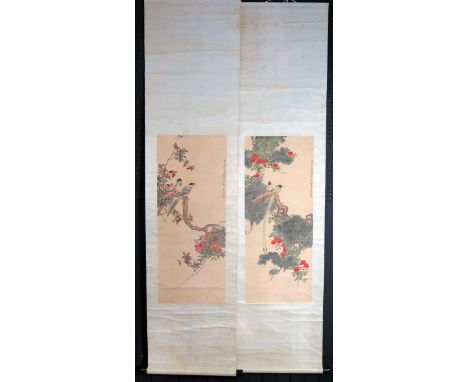 A pair of early 20th century Chinese scroll paintings, depicting exotic birds perched amongst flowering shrubs and pine trees