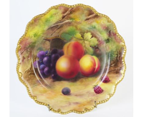 Royal Worcester Fruit Painted Cabinet Plate, of lobed circular form, decorated with peaches, grapes and raspberries, signed T