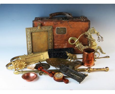 A stitched leather ammunition case, with divided interior 40cm wide together with assorted brass fire implements, copper mug,
