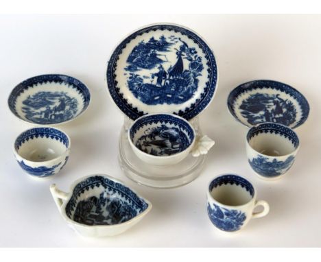 Group of Late 18th Century Caughley Fisherman pattern, transfer printed, porcelain toy miniatures to include, two tea bowls a