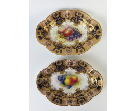 Pair of Royal Worcester Lobed Oval Fruit Dishes, one decorated with apples and grapes signed A. Shuck the other with peaches 