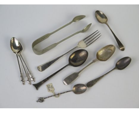 A silver preserve spoon, a silver coffee spoon and a silver teaspoon together with plated flatwares, weighable silver 43gms, 