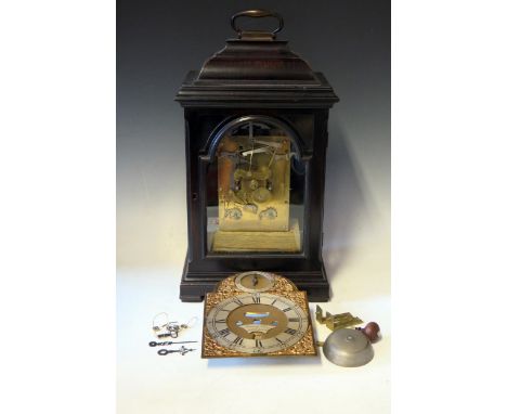 Thomas Bray, London, a mid 18th century ebonised bracket clock, the case with inverted bell top and carrying handle on bracke