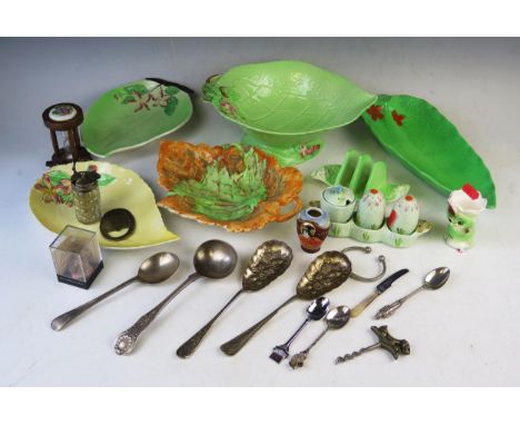 A Carltonware cabbage leaf pedestal dish, various assorted leaf pattern plates, toast rack, condiment set and plated flatware