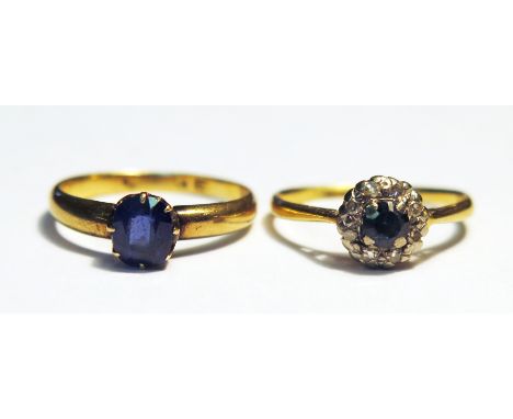 An 18ct Gold and Sapphire Solitaire Ring (size P.5, 2.8g) and an 18ct gold, sapphire and diamond ring (size O.5, 2.3g)