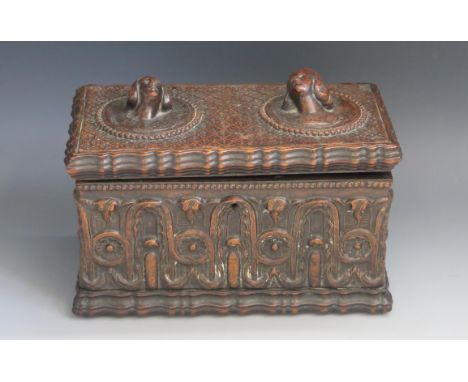 19th Century Carved and Embossed Leather Tea Caddy, 23.5x12.5cm. Fittings removed 