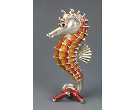 A continental silver and enamel model of a seahorse, stamped 925, 6.75cm high, 40gms,  1.29ozs 