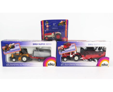 Siku Farm Vehicle Trio - (1) 1611 Hangmag Tractor, (2) 2226 Renault Tractor with vacuum tanker, (3) 2227 Massey-Ferguson with