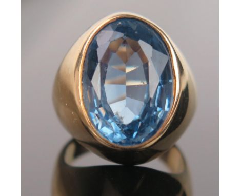 A Blue Tourmaline and 18ct Gold Gentleman's Ring, ring size L, 17x12mm stone, 9.7g