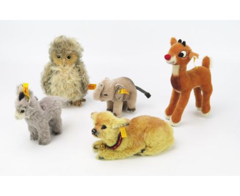 Group of Small Steiff Animals including Rudolph The Red Nose Reindeer 681011, Wittie Eule Owl 033315, Elephany 040498, Donkey