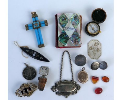 19th Century Blue Glass and Gilt Mounted Cross Pendant (c. 9cm long), cased Negretti &amp; Zambra compass, silver buttons eng