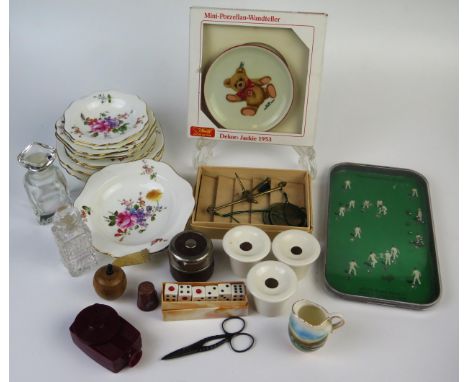 Steiff Jackie 1953 Miniature Porcelain Plate, Selcol risqué slide viewer, treen sewing measure, Royal Crown Derby "Derby Posi