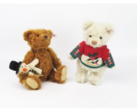 Steiff Teddy Bear Christmas Limited Edition Pair - (1) light brown bear with Frosty the Snowman Finger Puppet with windup fea