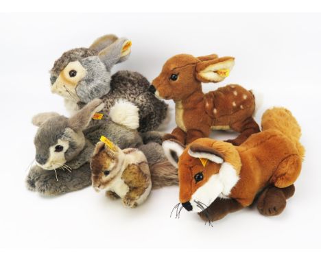 Steiff Group of British Wildlife Animals including Deer 070433, Fox 070419, Hare 080043, Bunny 086724, Jointed Squirrel 07096