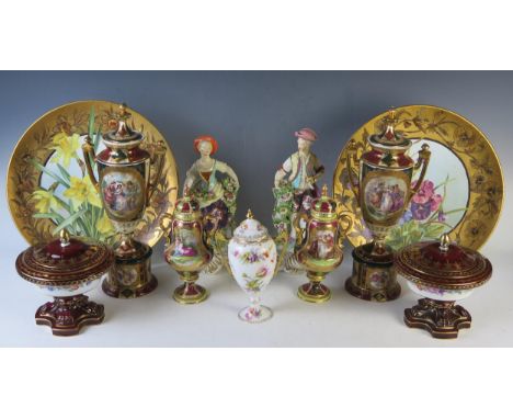 Pair of Royal Vienna Style Classical Two Handle Vases set on a plinth base, together with a pair of red ground lidded vases o