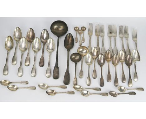 George III Silver Fiddle Thread pattern Flatware engraved with curlew crest including soup ladle, basting spoon, seven table 