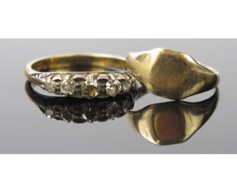 A 18ct Gold Four Stone Diamond Ring, ring size approximately O, 3.15gms, together with a 9ct gold signet ring size-J, 1.52gms