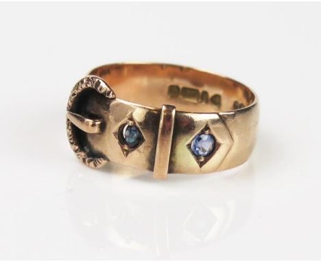 An Antique Sapphire and 9ct Rose Gold Belt Ring, the darker stone tests as blue tourmaline, size T, 5.5g total, Chester 1916,