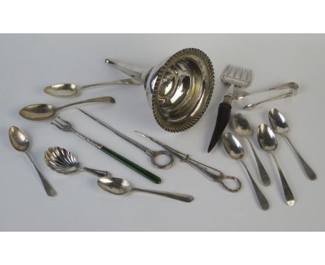 A mixed collection of silver and plated wares including caddy spoon, teaspoons, various makers and dates, plated wine funnel,