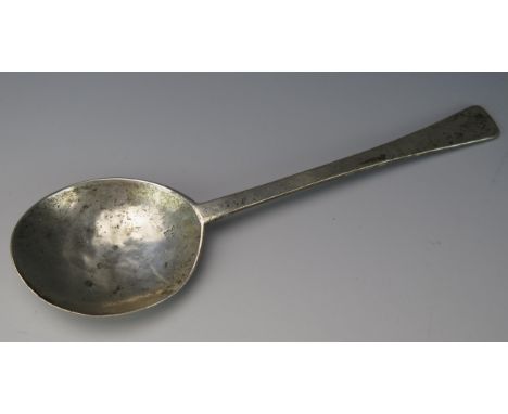 A 17th century puritan style silver spoon, indistinctly struck three times to the stem and once to the bowl, 18cm, long, 47gm