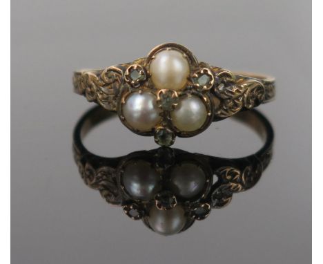 Antique Pearl, Diamond and Yellow Metal Ring, not marked, size L.5, 1.9g (untested)