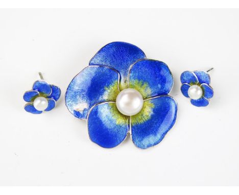 A pair of Silver, Enamel and Pearl (untested) Pansy Earrings, of natural shape, together with a brooch, stamped 925, FE, and 