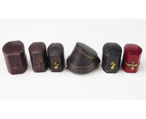 A Collection of Antique Ring/ Jewellery Boxes, five oval leather, silk and velvet boxes, and a fitted box, (6). 