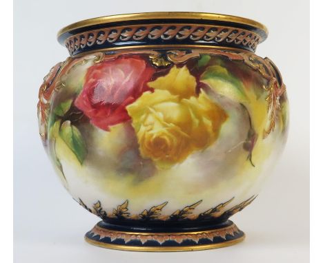 Royal Worcester Hadley Ware Jardinière, decorated with roses, green mark, impressed mark F.Q, red inscription, 16cm 6 1/4inch