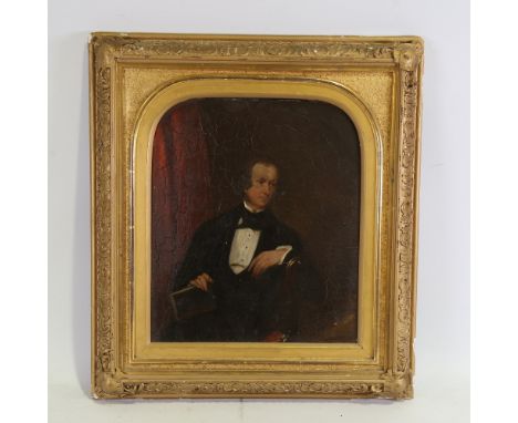 19th century oil on board, portrait of a gentleman, unsigned, 14" x 12", original frame, and oil painting over a printed base
