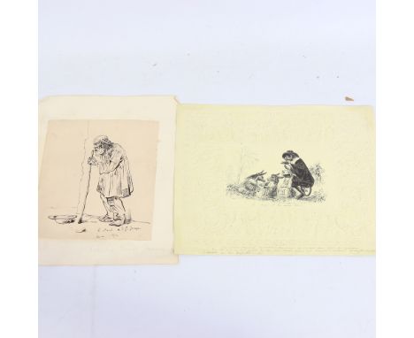 Eustache Berat (1792 - 1884), 2 satirical pen and ink drawings, unframed 