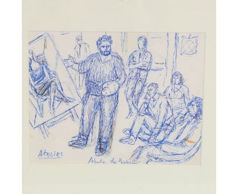 Marie Marevna (1892 - 1984), ink sketch, Diego Rivera in his studio, 7.5" x 9.5", framed, provenance: ex-artist's Studio sale