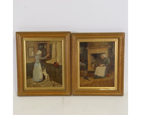 Henri Pitcher (fl. 1900 - 1910), pair of oils on board, cottage interior scenes, signed, 9" x 7", framedPaint crazing and var
