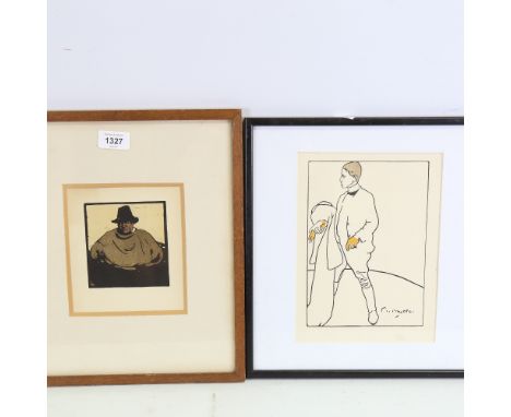 William Nicholson, woodcut, the fisherman 1897, and James Pryde, lithograph, portrait of Nicholson, framed (2)Slight paper di
