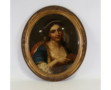 19th century oval reverse painting behind convex glass, portrait of a woman holding a book, original moulded gilt-gesso frame